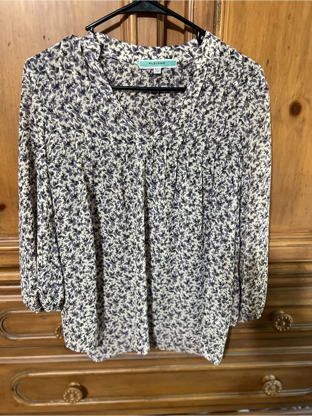 Pleione Cream and Navy Floral V-Neck Blouse